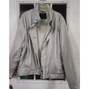 Vintage NAUTICA Mens Bomber Zip Up Jacket Concealed Hood, XL, Tan, Fleece Lined